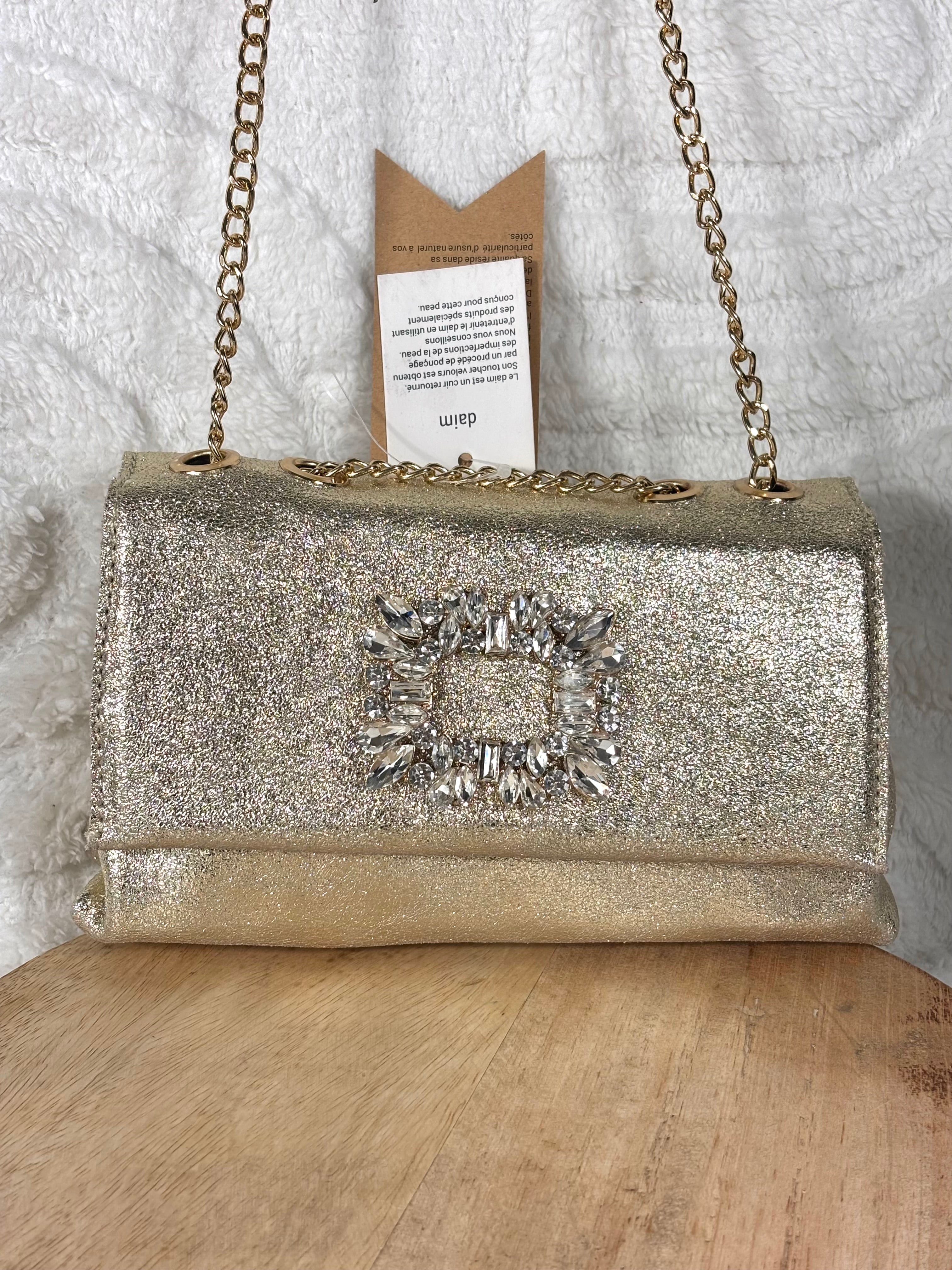 Sac pochette dorée Mogano Paris daim cuir véritable chaîne dorée bijou strass soirée chic