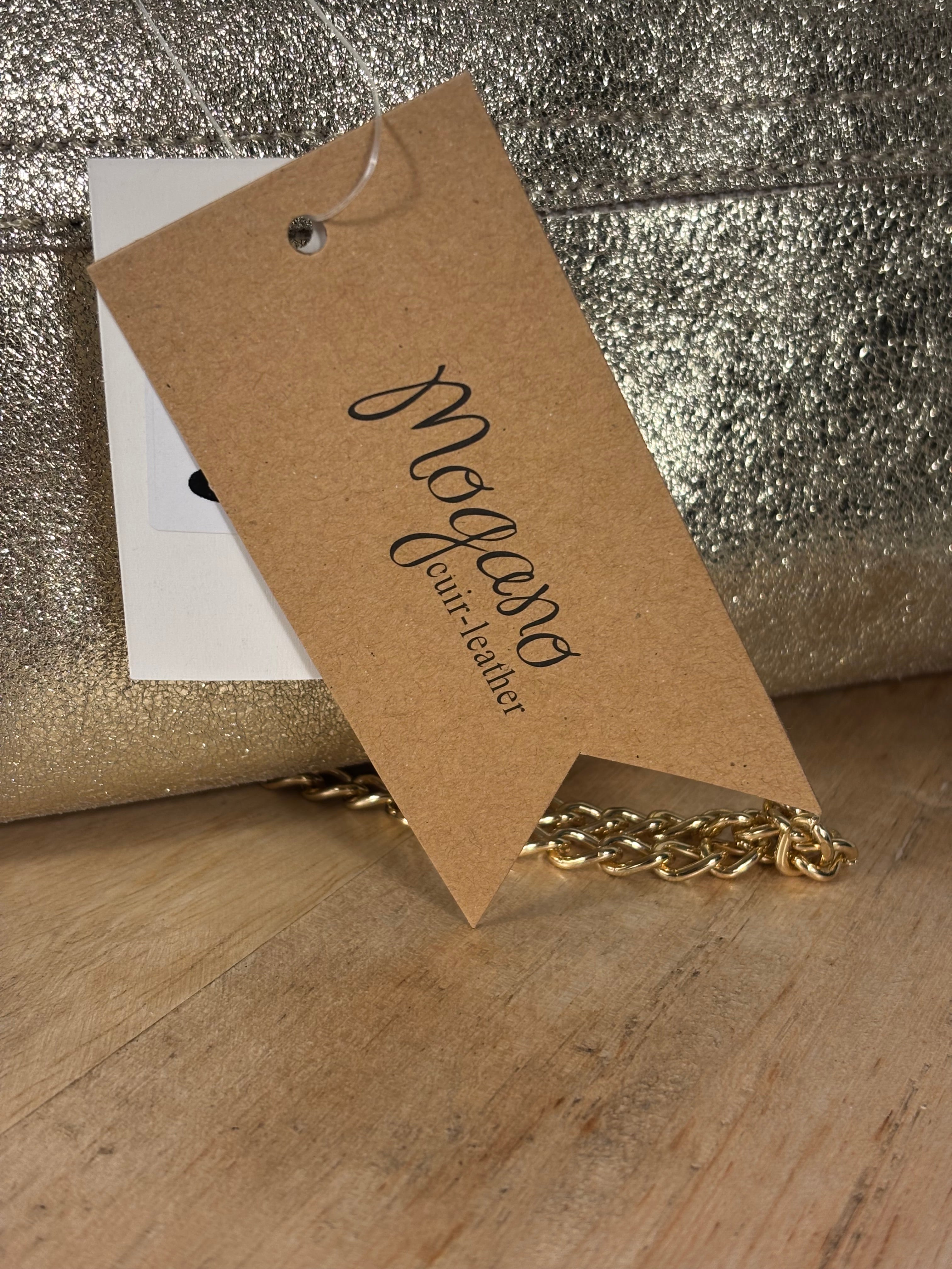 Sac pochette dorée Mogano Paris daim cuir véritable chaîne dorée bijou strass soirée chic