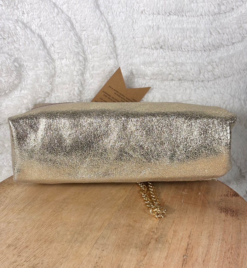 Sac pochette dorée Mogano Paris daim cuir véritable chaîne dorée bijou strass soirée chic