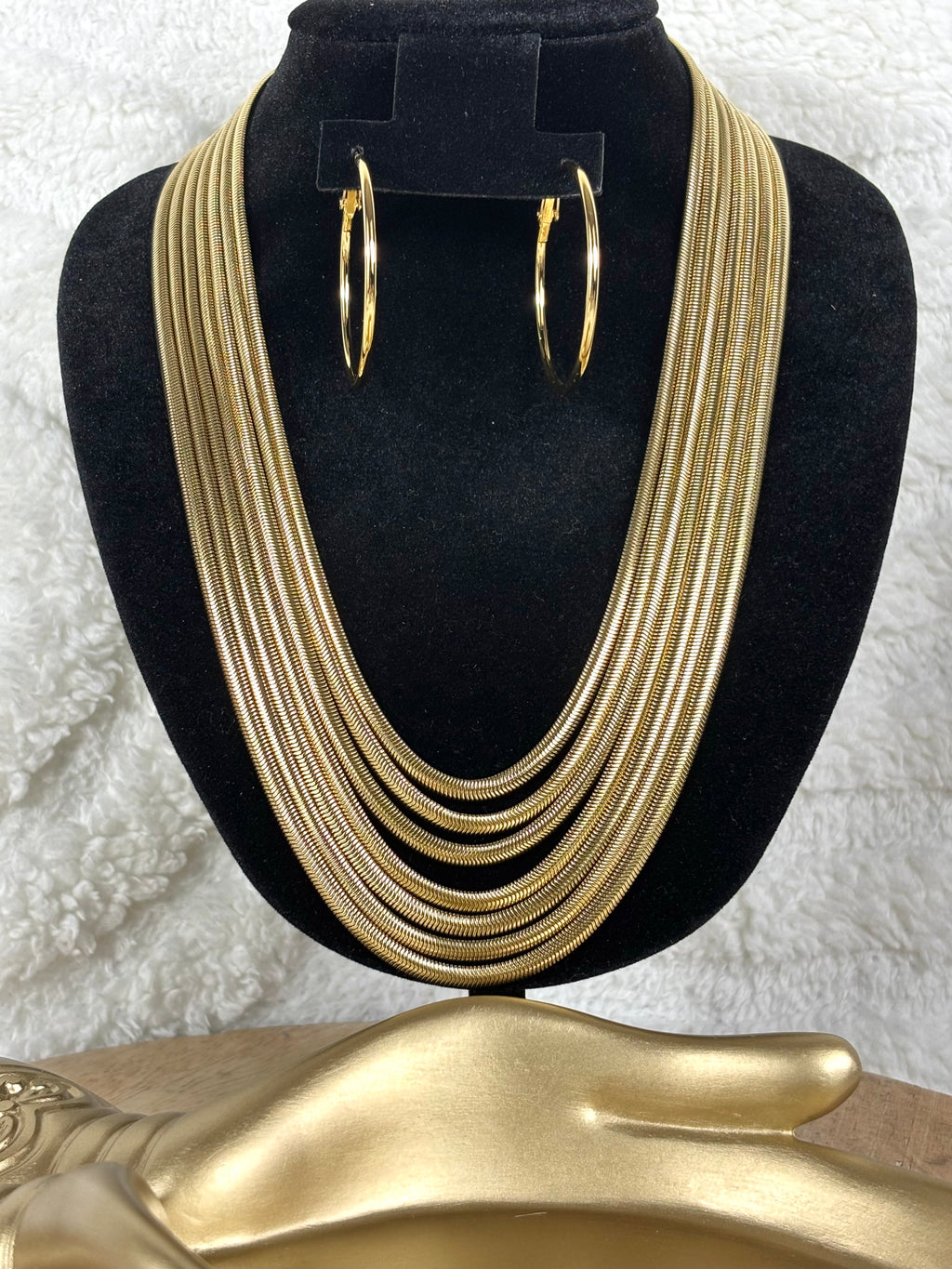 Parure bijoux acier inoxydable doré collier multi-rangs + créoles chic