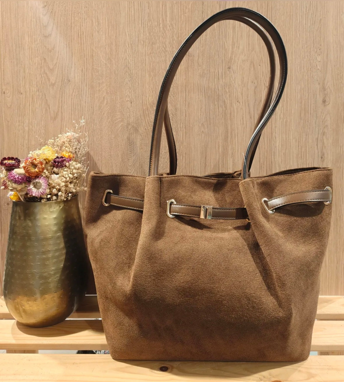 Sac cabas marron grand format effet suédine ceinturé chic élégant tendance