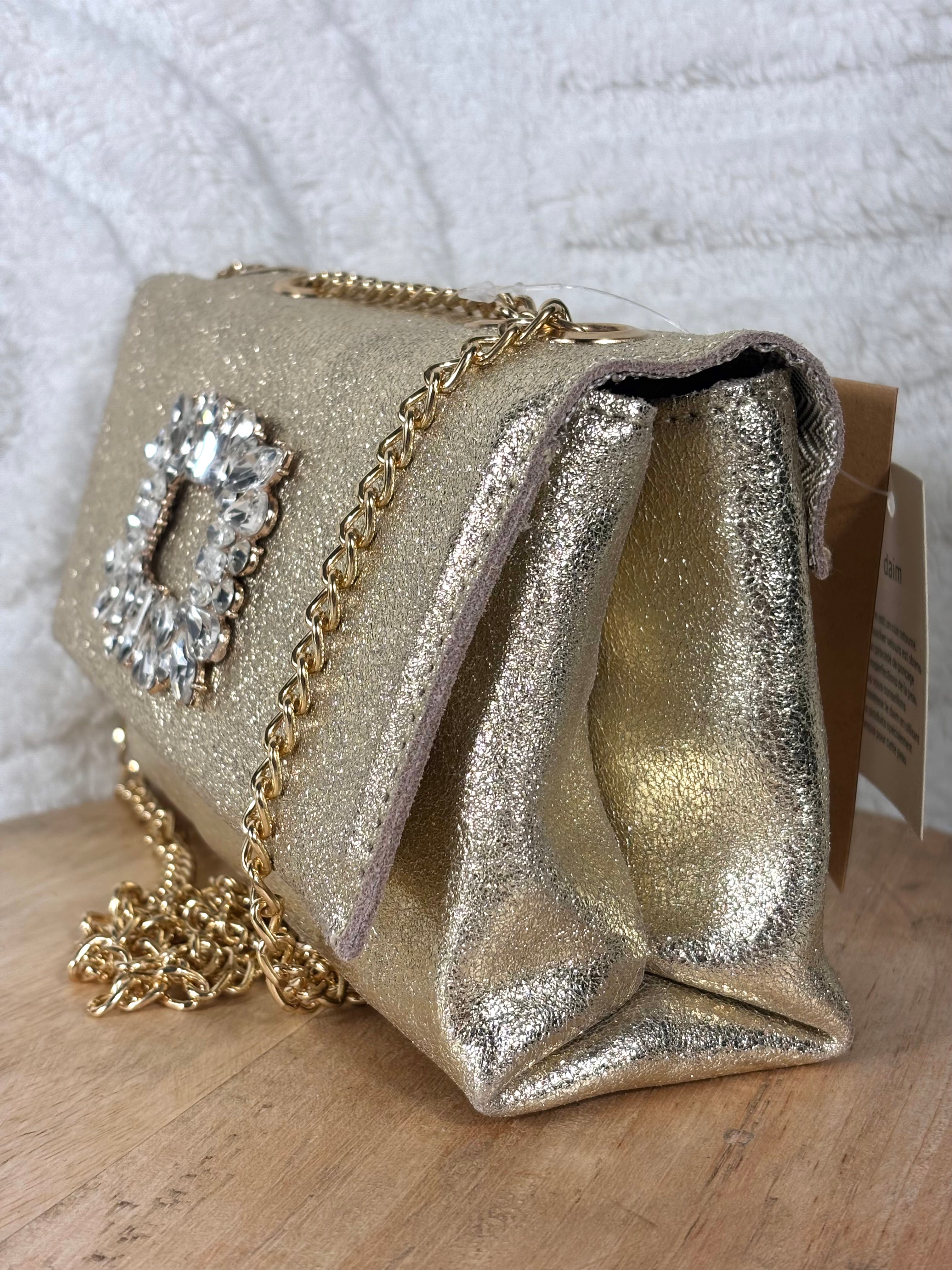 Sac pochette dorée Mogano Paris daim cuir véritable chaîne dorée bijou strass soirée chic